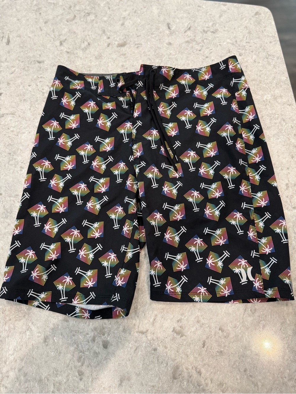 Hurley Men’s 30 Black Palm Tree Boardshorts Stretch Swim Trunks Tropical